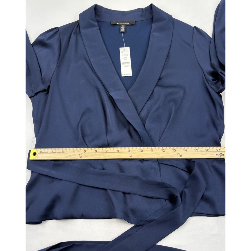 NWT White House Black Market Blue Satin Wrap Blouse Tie Waist Puff Sleeve Sz 14 - Picture 12 of 16